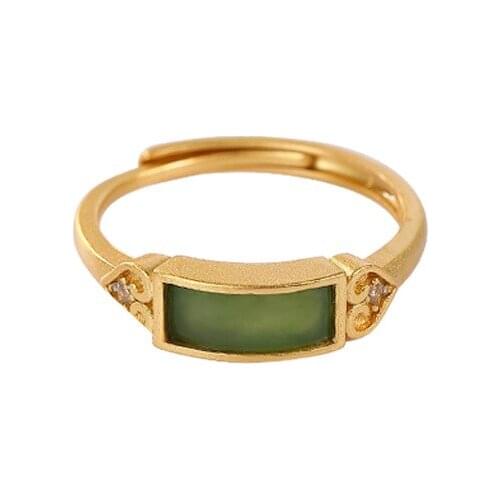 S925 sterling silver gold plated Natural Hetian jade Jasper Ring Retro Simple Love Square Ladies ring