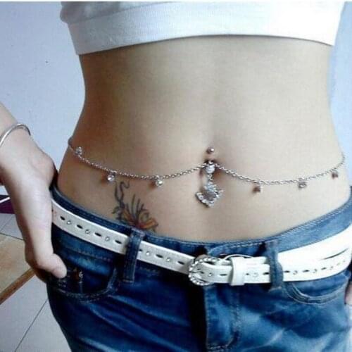 Woman Jewelry Belly Button Piercing Trend Retro Metal Waist Chain Pearl Butterfly Pendant Silver Women Septum Sexy Navel Rings
