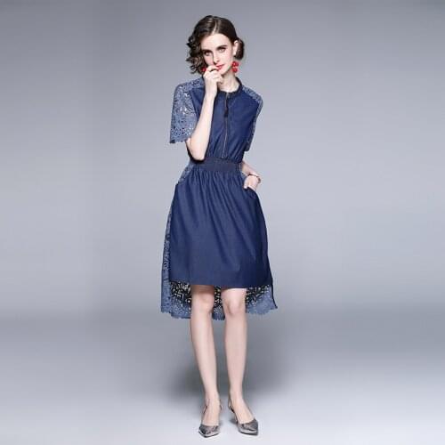 ZUOMAN Women Summer Elegant Denim Dress Festa High Quality Patchwork Lace Party Robe Femme Vintage Designer Short Vestidos