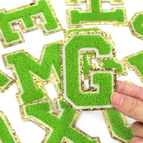 1Pcs A-Z Green Chenille Letter Embroidery Patch English Letter Patch For Clothing Iron On Patches DIY Bags/Dresses Stripe 80MM