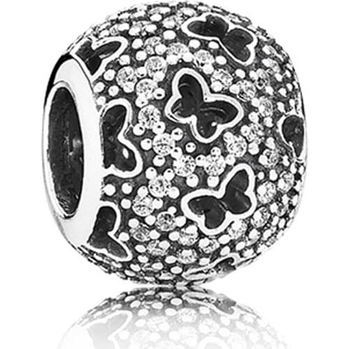 Authentic S925 Bead Pave Crystal Openwork Butterfly Charms for Women Bracelet Bangle Clear CZ