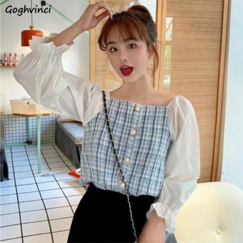 Blouses Women Long Puff Sleeve Shirts Retro New Korean Style Button Plaid High Street Feminine Patchwork Design Tops Fashion Ins