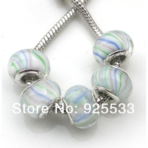 Free Shipping 50pcs 8x14mm silver plated core Big Hole Murano Glass Beads fit European Jewelry Bracelet Charms DIY--light blue