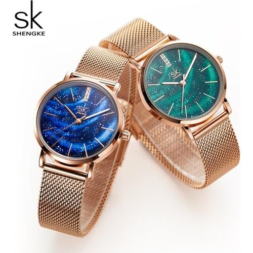Shengke Women Watches Starry Green Dial Reloj Mujer Ladies Wristwatch Ultra-thin Stainless Steel Strap Quartz Montre Femme Gift