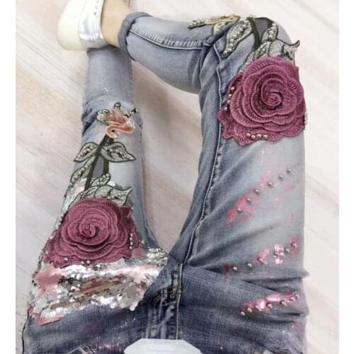 Europe Style Jeans Women Slimming Boyfriend Trousers Slim Rose Embroidery Gold Fashion Sequins Spring and Autumn Denim Pants