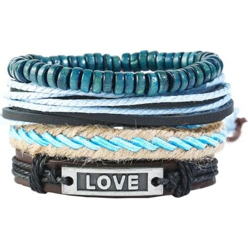 Fashion Leather Cuff Bracelets Set Multilayer Vintage LOVE Charm Beads Wrap Bangles Wristbands Rope Chain Jewelry Men Women Gift