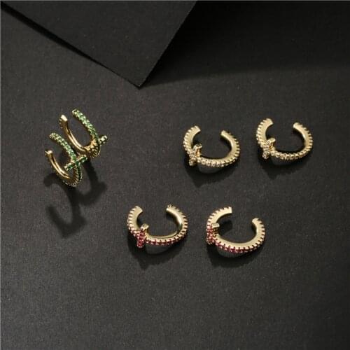 Fashion Inlaid Green Zircon Dainty Cross Clip On Earrings For Women No Piercing Fake Cartilage Earring Jewelry 2021
