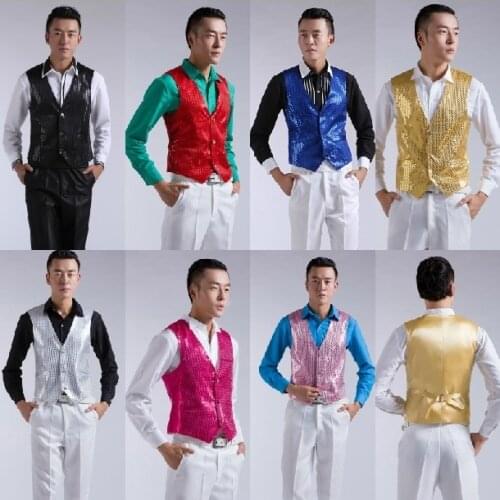 Mens performance sequined vest rose red pink blue black gold silver yellow dance vest blazer homme