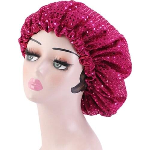 New Unisex Silky Bonnet sequined Satin for Women Solid Wide Hair Bonnets Hat Comfortable Sleeping Hat Chemo Beanie Cap