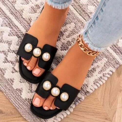Summer Women Shoes Pearl Design Flat Sandals Casual Open Toe Slides Sandalias De Verano Para Mujer