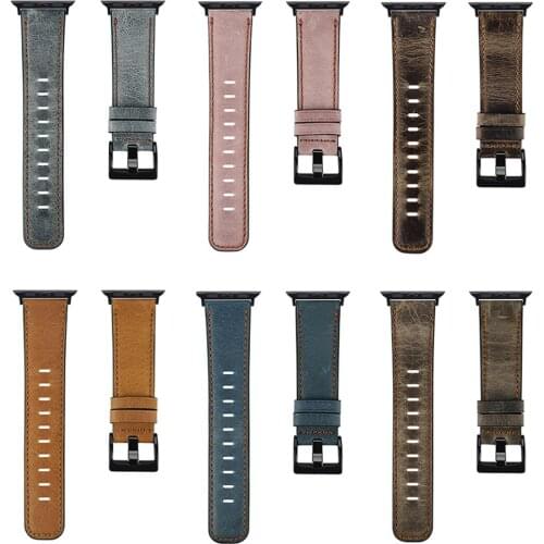 Vintage Genuine Leather Bracelet Replacement Sport Strap For Apple Watch 5 4 3 2 1 Stainless Steel Black Buckle Watch Bracelet