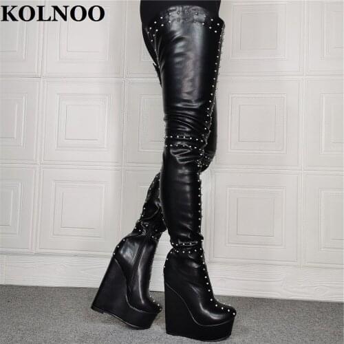 Kolnoo Newest Handmade Womens Thigh-high Boots Rivets Spikes Wedges Heels Real Photos Club Over Knee Boots Winter Fashion Shoes