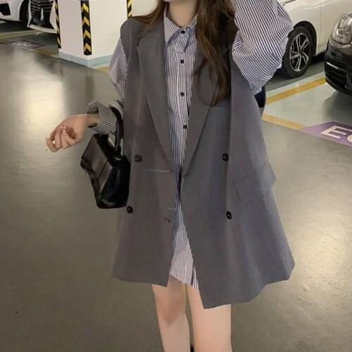 Women Korean Casual Blazer Vest Sashes Loose Sleeveless Coat Jacket Vintage Office Lady Waistcoat Plus Size Outerwear