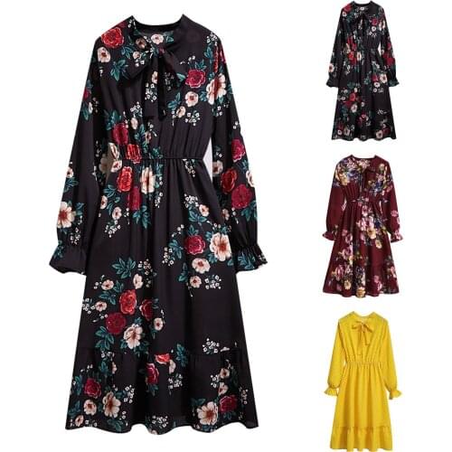 Women Bowknot Nack Bottoming Dress Slim Long-sleeved Elastic Waist Mid-length Floral Dress Spring Autumn Elegant Ladies Dresses