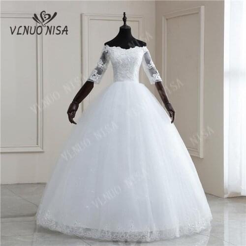 Fashion elegant Boat Neck Half Sleeve Wedding Dresses 2020 New Summer Korean Vestidos de novia sweet Lace Applique Gowns