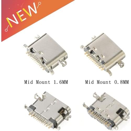10Pcs USB-3.1 USB Connector Type C Horizontal Mid Mount 16P Female 1.6mm through board 0.8mm for charger adapter DIY Type C