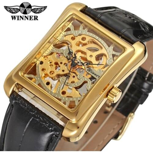 2019 Winner Top Brand Retro Casual Series Rectangle Dial Design Golden Pattern Hollow Skeleton Watch Men Luxury Mechanical Clock