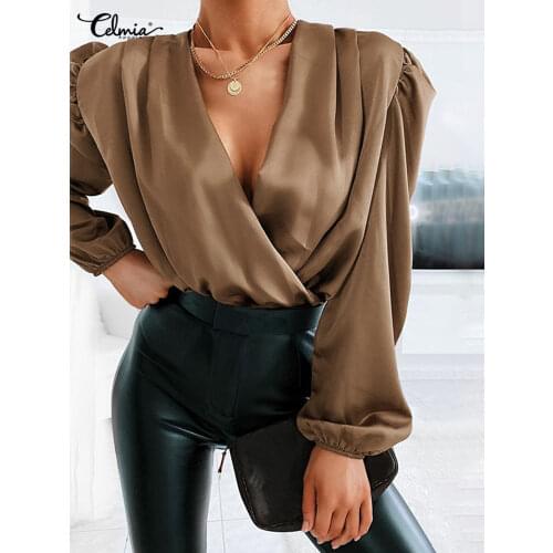 Celmia Women Satin Tunics 2021 Sexy Blouse Party Long Puff Sleeve Tops Fashion Streetwear Solid Color Wrap V neck Autumn Blusas