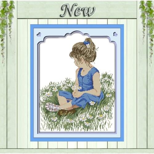 Baby little girl in the meadow painting counted print on canvas 14CT 11CT handmade DMC Cross Stitch kit Needlework Set Embroider