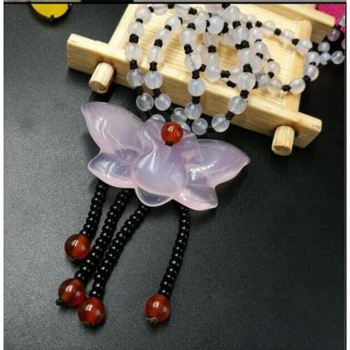 Fine Jewelry 2 color Medullary Chalcedony Necklace Pendant Carved Butterfly Lucky Best Wishes Women Men Jewelry