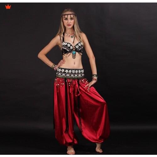Belly Dancing Clothes Tribal Belly Dance Costume 3 pcs/Set Set Coins Bra Tassel Hip Scarf Pants Costume