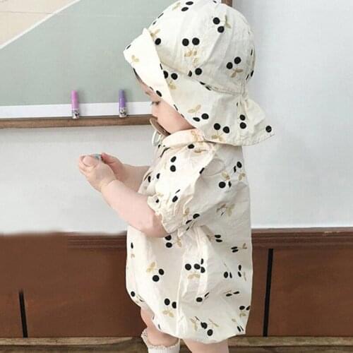 Summer Baby Clothing Cherry Baby Girls Bodysuits With Sun Hat Floral Baby One Piece