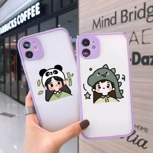 Cute manga girl Phone Case For iPhone 12 11 Mini Pro XR XS Max 7 8 Plus X Matte transparent Purple Back Cover