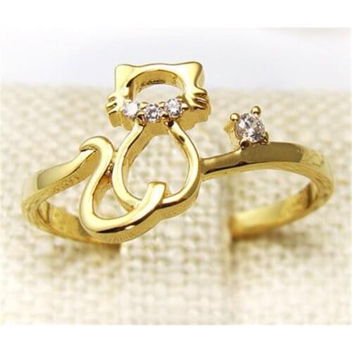 Fashion Cat Ring Hollow Out Line Cat With Rhinestones for women