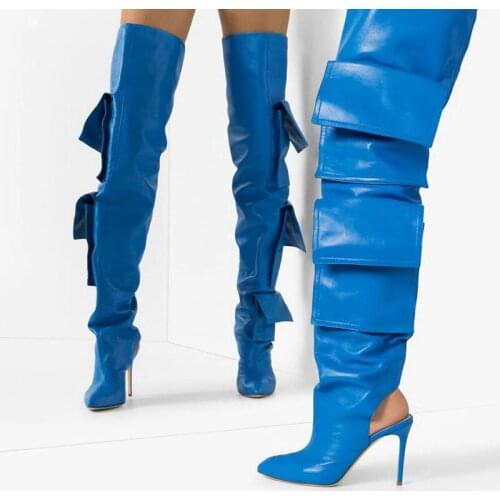 Fashion Women Boots Pointed Toe Big Pocket Leather Splicing Thin Heel Over-the-knee Chelsea Long Boots Slingback Shoes Botas