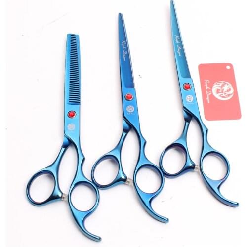 Z3003 3Pcs Set 7'' Blue Japan Steel Cutting Shears + Thinning Scissors + UP Curving Shears Professional Pets Hair Scissors Suit