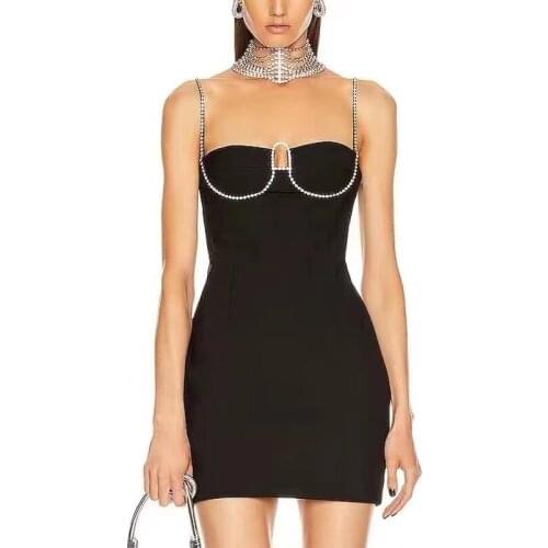Summer New Diamond Embellished Black Strappy Dress Womens Sexy Slim Slimming Strap Suspender Dress Tight Nightclub Party Dress