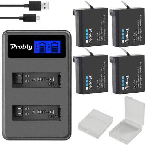 Original probty For GoPro Hero4 Hero 4 battery +LCD dual charger for go pro AHDBT-401 HERO4 Black Silver action camera accessory