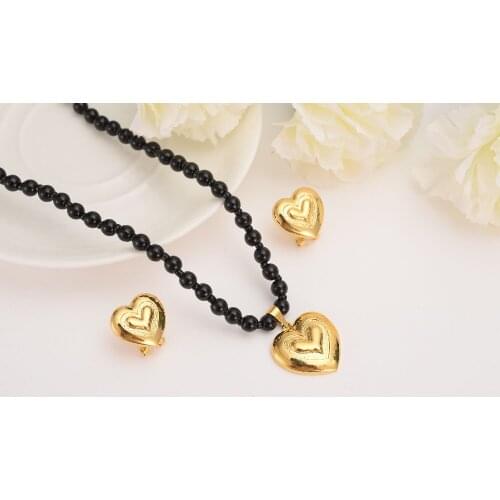 Romantic Heart Pendant Necklace chain Earrings sets Jewelry Solid Gold Filled black Bead Necklaces Sets for Women wedding gift