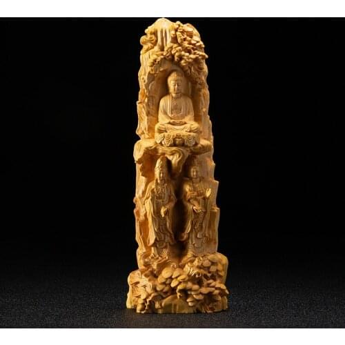 Boxwood 23CM Buddha Sculpture Western Three Saints Wood Carving Sakyamuni Buddha Statue Home Decor