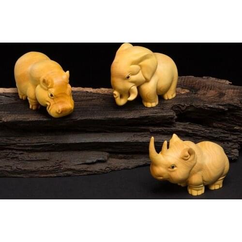 African Elephant Rhino Hippo Animal Statue chinese Boxwood Feng Shui Solid Wood Animal Crafts Decoration