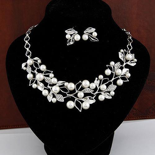 Wedding Party Jewelry Set Elegant Bridal Faux Pearl Leaves Choker Necklace Stud Earrings Jewelry Set Wholesale Dropshipping