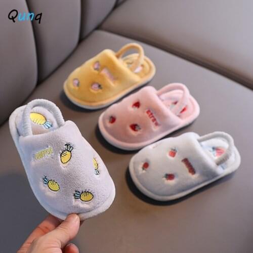 Qunq Winter Plush Kids Slipper Fruit Pattern Cute Toddler Children Home Shoes Unisex Fur Slides for Boys Girls 3-12 Year