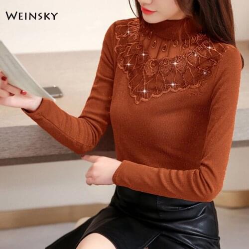 2019 New Autumn Women Lace Patchwork Turtleneck Elegant T-shirt Female Full Sleeve Casual Tops