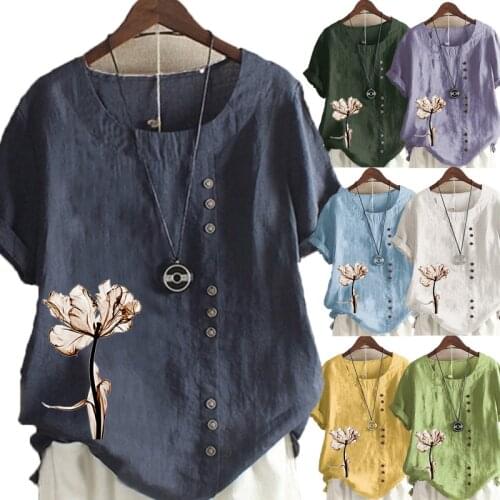 Women Clothing Summer Shirt Short Sleeve Elegent Pullover Fashion Printing Round Neck Graphic Tee Loose Casual Shirt Plus Size