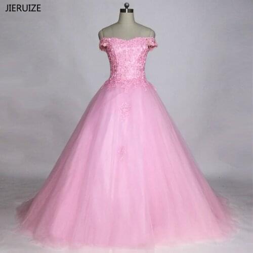 JIERUIZE Pink Vintage Lace Appliques Cheap Wedding Dresses 2018 V-neck Off the Shoulder Bridal Gowns vestidos de novia