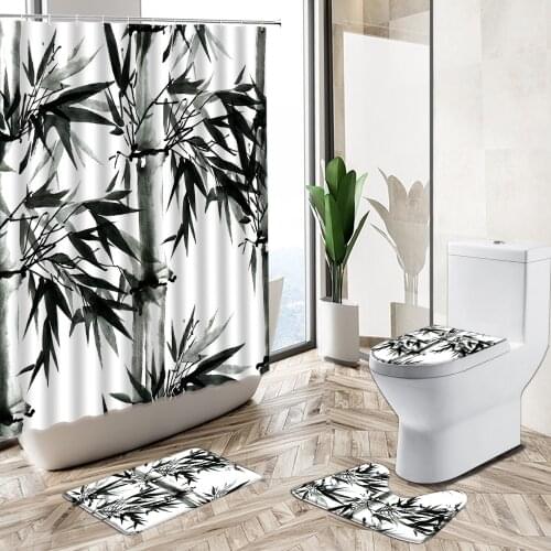 Ink Painting Bamboo Leaf Waterproof Shower Curtain Plant Landscape Non-Slip Rug Toilet Cover Bath Mat Chinese Bathroom Deco Set