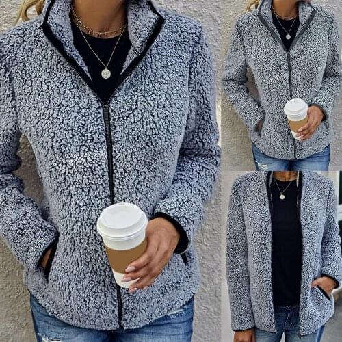 Winter Women Turtleneck Long Sleeve Pocket Plush Coat Jacket Zipper Outerwear