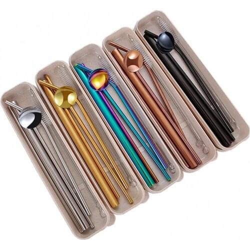 7Pcs Reusable Stainless Steel Straws Spoon Drinking Flatware with Cleaning Brush