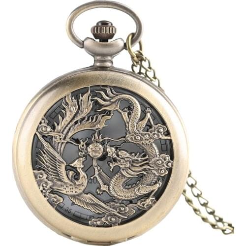 Bronze Hollow Dragon Phoenix Quartz Pocket Watch Modern Men Women Fob Watches Chain Children Copper Clock Gift 2020 New Skeleton