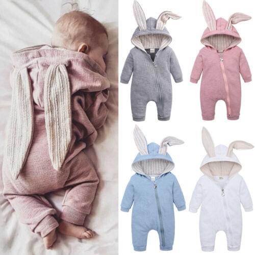Baby Girl Rabbit Ear Romper Boy Jumpsuit Infant Outfits Kid Zip Warm 3D Bunny Long Sleeve Clothes Kids Rabbit Overall