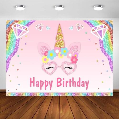 Unicorn Birthday Backdrop Glitter Rainbow Unicorn Photography Background for Girls Party Decoration Floral Pink Backdrop Supplie