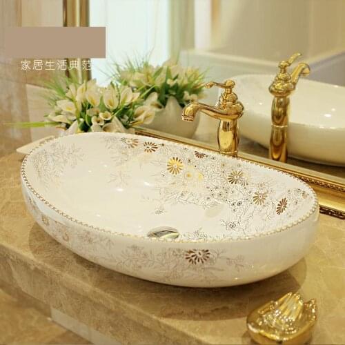 Ceramic Counter Top Wash Basin Cloakroom Hand Painted Vessel Sink bathroom sinks oval white color