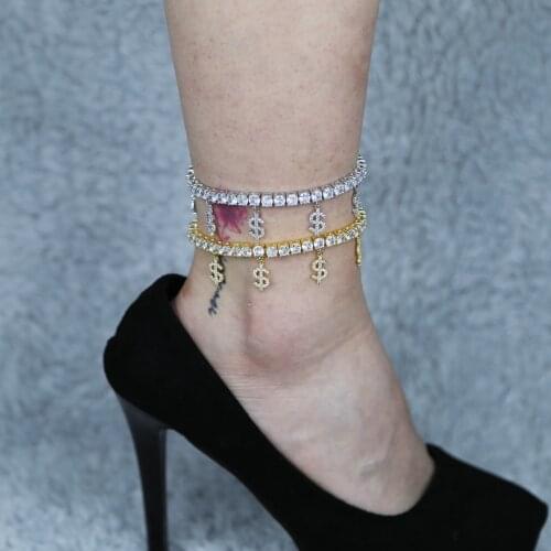Hot sale summer beach Iced Out Bling 5A CZ Dollar Sign Pendant Tennis Chain Adjust Anklets Foot Jewelry wholesale for women lady