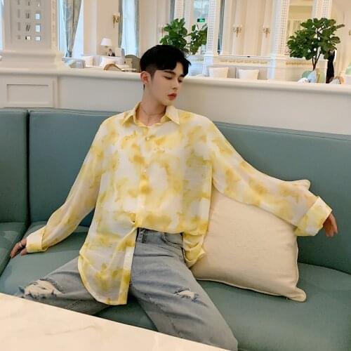 Mens Fashion Summer Long Sleeve Printed Shirt Youth Loose Thin Shirt Tops Yellow C11
