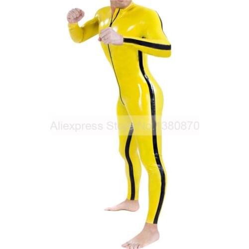 Front Zipper Men Latex Bodysuit Rubber Catsuit with Side Wide Strips Zentai Costumes Plus Size XXXL S-LCM92
